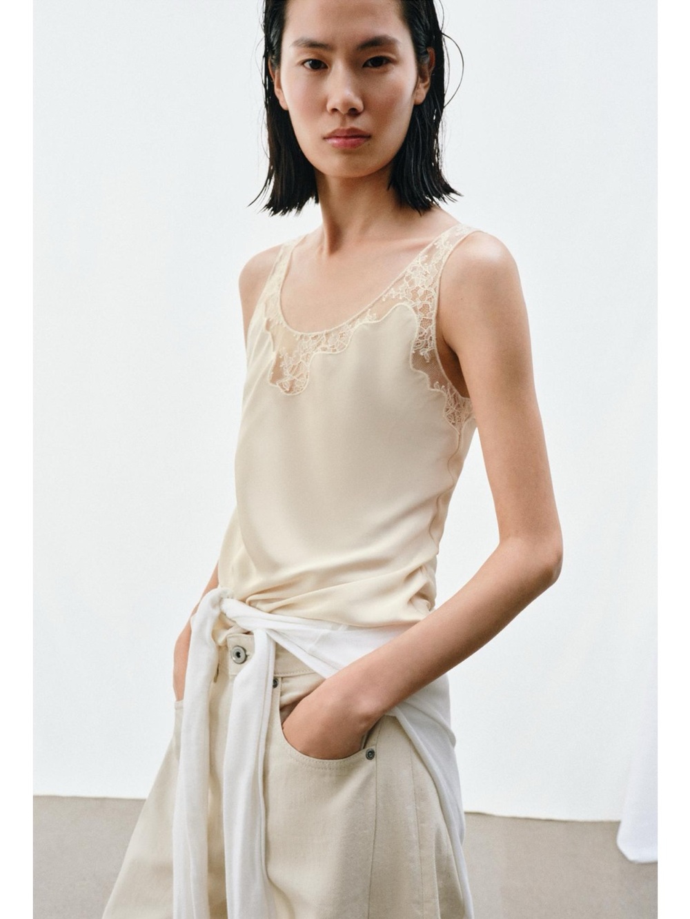 ZARA SATIN EFFECT LACE SLIP CAMISOLE TOP, Cream XL NWT